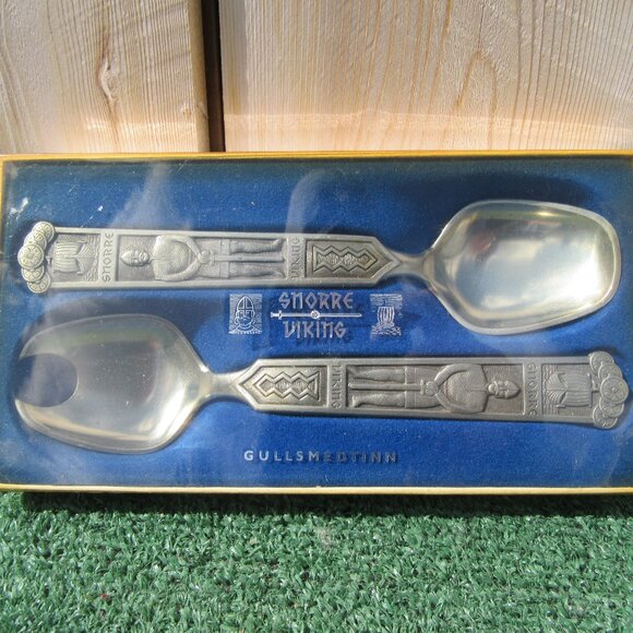 Vintage Snorre Viking Gullsmedtinn Tinn Pewter Salad Servers Set